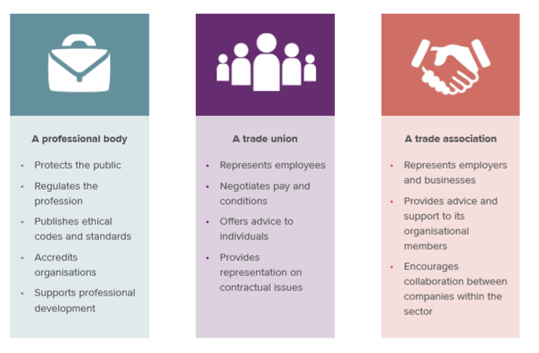 This is an image showing the difference between a professional body, a trade union, and a trade association. A professional body protects the public, regulates the profession, publishes ethical codes and standards, accredits organisations, supports professional development. A trade union represents employees, negotiates pay and conditions, offers advice to individuals and represents them on contractual issues. A trade association represents employers, provides support & encourages collaboration between orgs