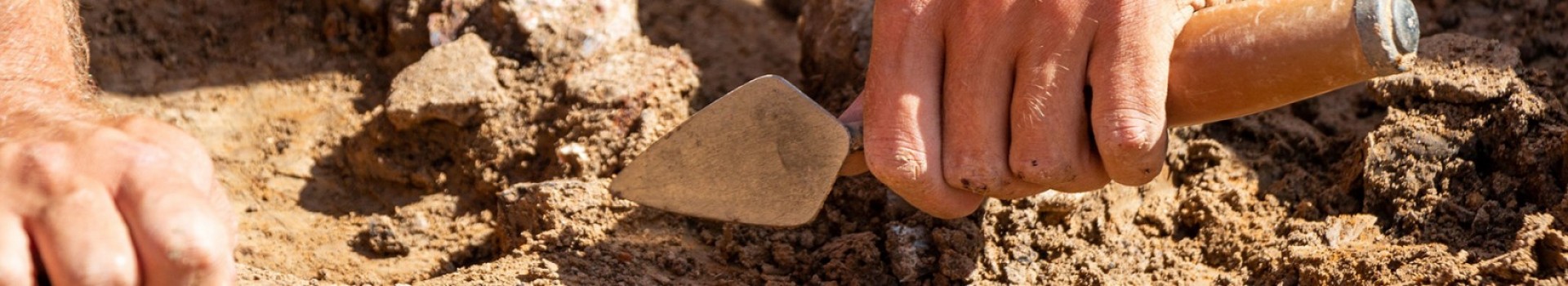 A detail of a trowel being used to excavate and archaeological feature.
