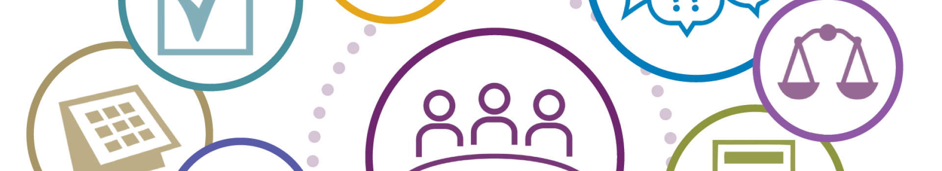 Colourful circles showing icons of speech marks, light bulbs and groups of people