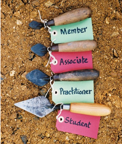 Trowels labelled Member, Associate, Practitioner and Student
