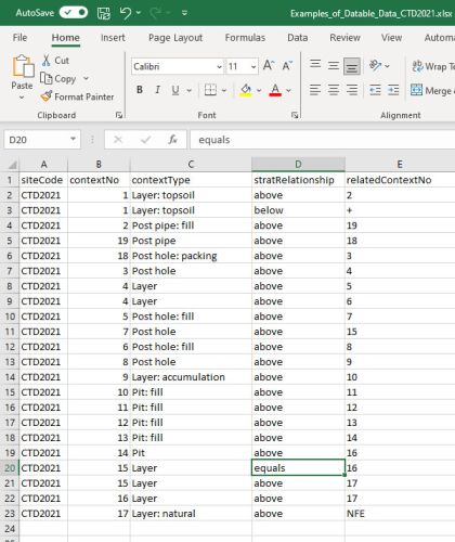 A Microsoft Excel spreadsheet contains stratigraphic information.