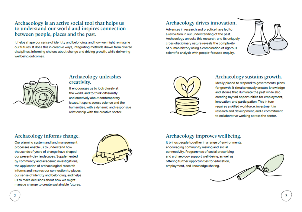 A sample page from the leaflet describing the effects and benefits archaeology has for society