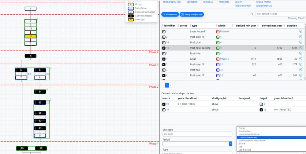 A screenshot of computer software displaying an archaeological matrix and associated options.